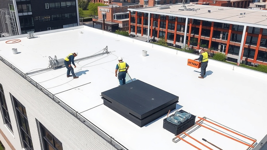 Commercial building with professional flat roof installation by Drew Roofing