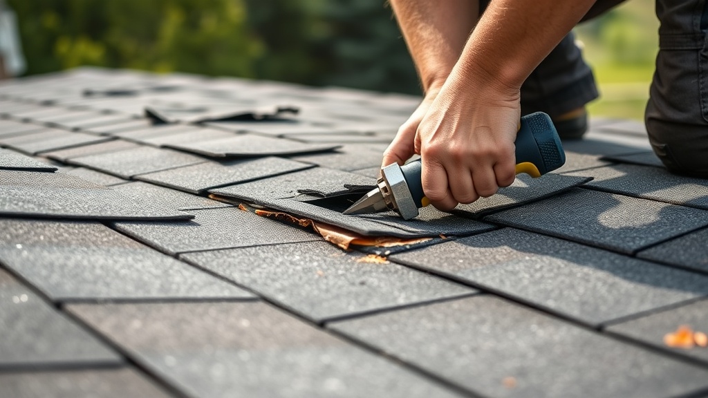 Professional roofer performing shingle repair work on residential home